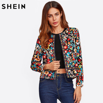 SHEIN Press Button Placket Botanical Jacket Autumn Jacket for Women Multicolor Collarless Single Breasted Elegant Jacket