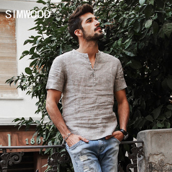 SIMWOOD 2018 Summer Shirts  Men 100% Pure Linen Shorts Sleeve Striped Slim Fit Henry Collar Tops  Brand Clothing CD017004