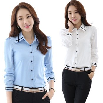 Fashion White Blue Plus Size Long Sleeve Turn-down Collar Formal Elegant Ladies Female Shirt Ladies tops school blouse