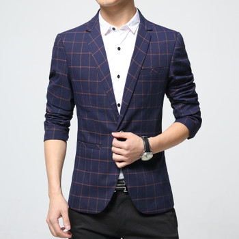 Mens plaid blazer cotton mixed casual coat slim fit Male clothing new 2018 navy blue Europe Drop shipping plus size 4xL 5xl 6xl