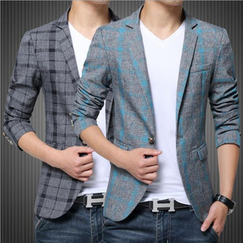 2017 Men's Blazer Suit Jacket Fashion Man Plaid Blazer Style Casual Single Button Military Blazer Men Slim Fit Grid Suits Coats