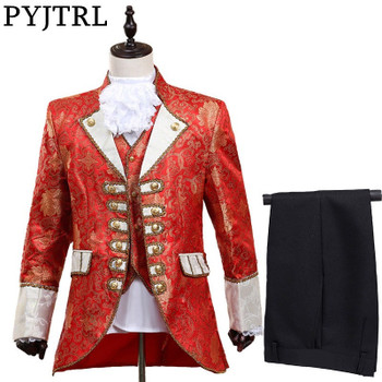 PYJTRL Men Five-piece Set Europe Style Court Marshal Clothing Groom Wedding Red Mens Suits Party Stage Singer Costume 