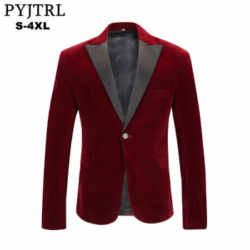 PYJTRL Men's Autumn Winter Velvet Wine Red Fashion Leisure Suit Jacket Wedding Groom Singer Slim Fit Blazer Hombre Masculino