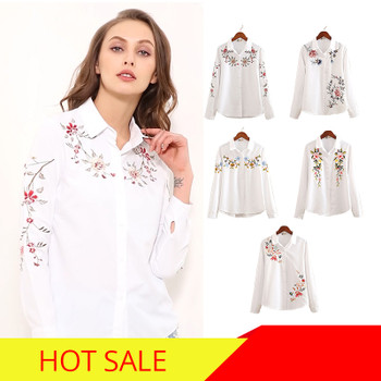 nvyou gou 2018 Floral Embroidered Blouse Shirt Women Slim White Tops Long Sleeve Blouses Woman Office Shirts  plus size