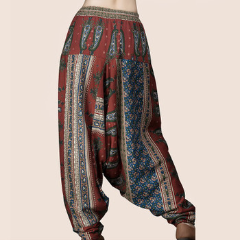 CELMIA Vintage Baggy High Elastic Waist Drop-Crotch Pantalons Women Retro Leisure Ethnic Printed Cotton Linen Long Harem Pants