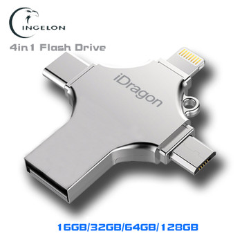 Ingelon 4in1 usb flash drive 16gb 32gb pendrive 128gb metal memoria usb stick otg type-c micro usb for iphone ipad pen drive 64g