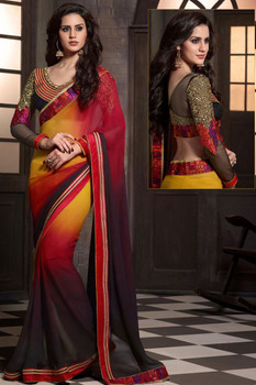 Red And Coffee Color Party Wear Desginer Faux Georgette Saree