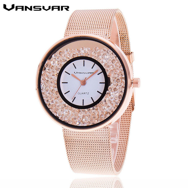 Fashion Stainless Steel Rose Gold & Silver Band Quartz Watch Luxury Women Rhinestone Watches Valentine Gift 