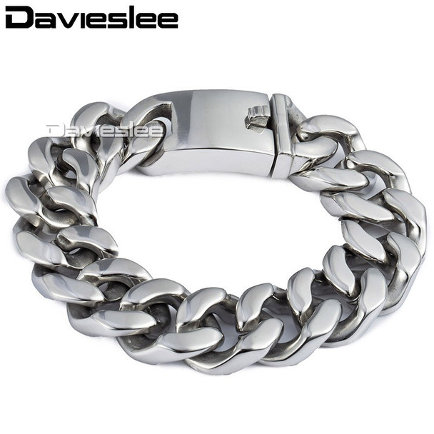 Customized 19mm Mens Polished 316L Stainless Steel Bracelet Silver Tone Cut Curb Cuban Link Chain Wholesale Bulk Price LHB165