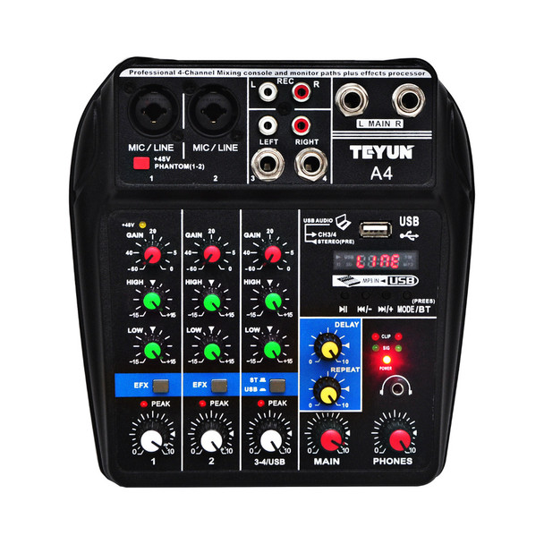 A4 Sound Mixing Console with Bluetooth Record  48V Phantom Power Monitor Paths Plus Effects 4 Channels Audio Mixer with USB