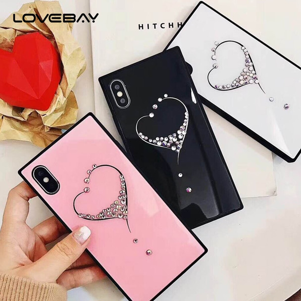 Lovebay 9H Hardness Lovely Love Heart Diamond Glass Case For iPhone X 8 7 6 6s Plus Tempered Glass Hard Phone Case Cover Back