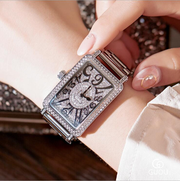GUOU Women Watches Luxury Rhinestone Wristwatches Fashion Silver Bracelet Watch Women Full Steel Ladies Watch relogio feminino