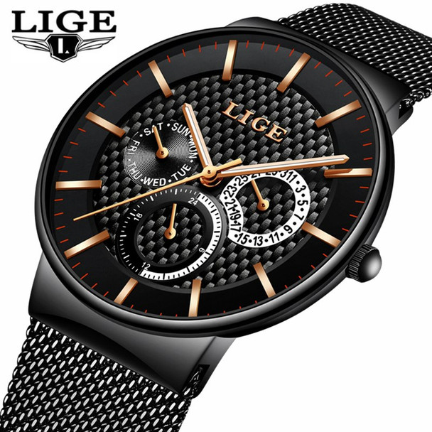LIGE Fashion Mens Watches Top Brand Luxury Quartz Watch Men Casual Slim Mesh Steel Date Waterproof Sport Watch Relogio Masculino
