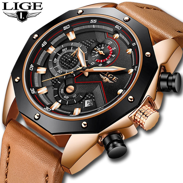  LIGE Mens Watches Top Brand Luxury Quartz Gold Watch Men Casual Leather Military Waterproof Sport Wristwatch Relogio Masculino