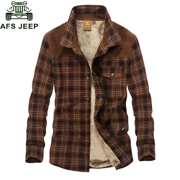Afs Jeep Military Shirt Men Casual Shirts 100% Cotton Winter Wool Thick Warm Shirts Plaid Fleece Camisa masculina Chemise homme
