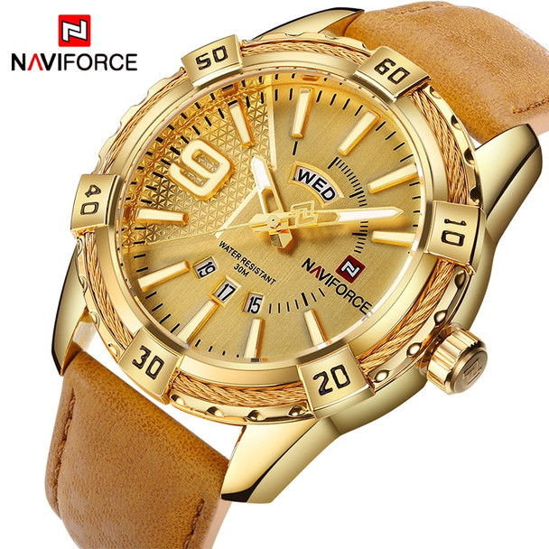 NAVIFORCE Top Luxury Brand Men Leather Gold Watch Men's Quartz Date Clock Man Sports Waterproof Wrist Watches relogio masculino