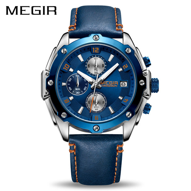 2018 New Mens Watches Top Brand Luxury Megir Sport Men's Watch Quartz Leather Strap Blue WristWatch Waterproof relogio masculino