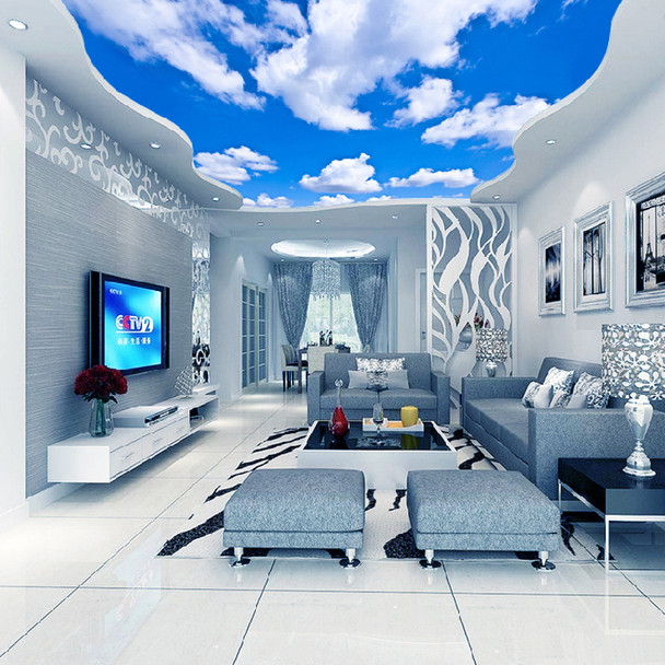 Custom Ceiling Mural Wallpaper 3d Blue Sky And White Clouds Living