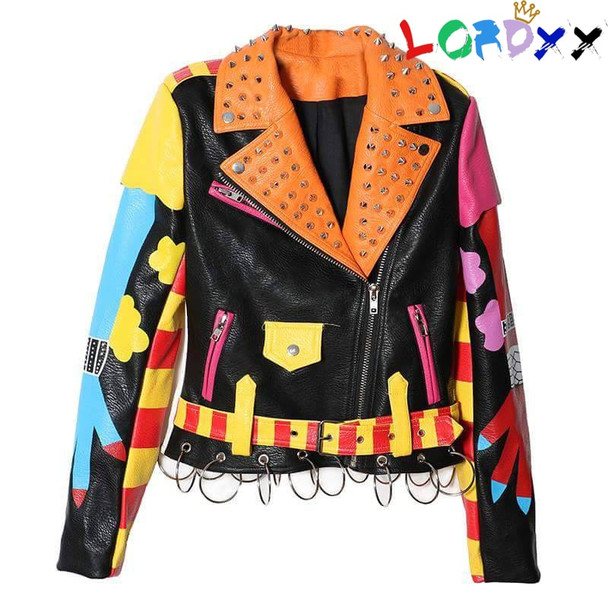 LORDXX New Spring Women Rivet Clothing Heavy Print NEVEDA Streetwear Short Leather Jacket Zipper Slim Motorcycle Coat Top