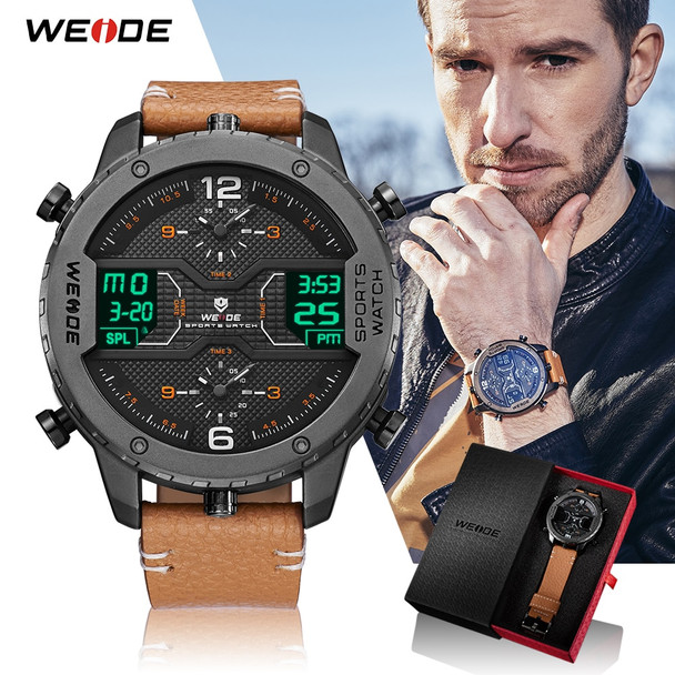 WEIDE Men Sports Watch Analog Pointer Digital Calendar Quartz Brown Leather Strap Wrist watches Relogio Masculino Military Clock