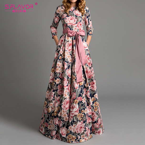 S.FLAVOR Bohemian printing long dress O-neck three quarter sleeve big hem women autumn winter dress elegant casual vestidos 