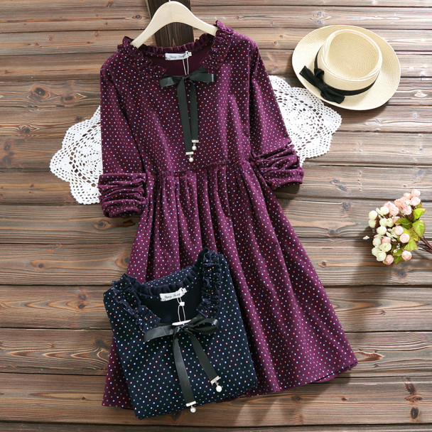 2018 New Cute Women Spring Autumn Mini Dress Ruffled Collar Polka Dot Printed Female Tunic Long Sleeve Vintage Robe Dress