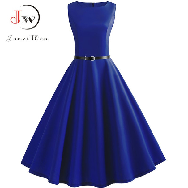 Blue Vintage Swing Dress Women 2018 Summer Dot Summer Casual Midi Dresses Elegant Party Dress Vestido Tunic Plus Size Robe Femme