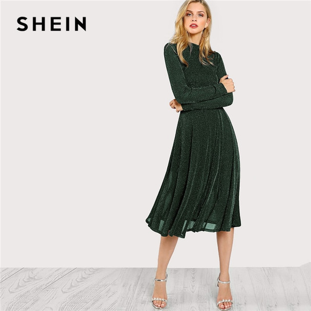 SHEIN Green Elegant Party Mock Neck Glitter Button Fit And Flare Solid Natural Waist Dress 2018 Autumn Minimalist Women Dresses
