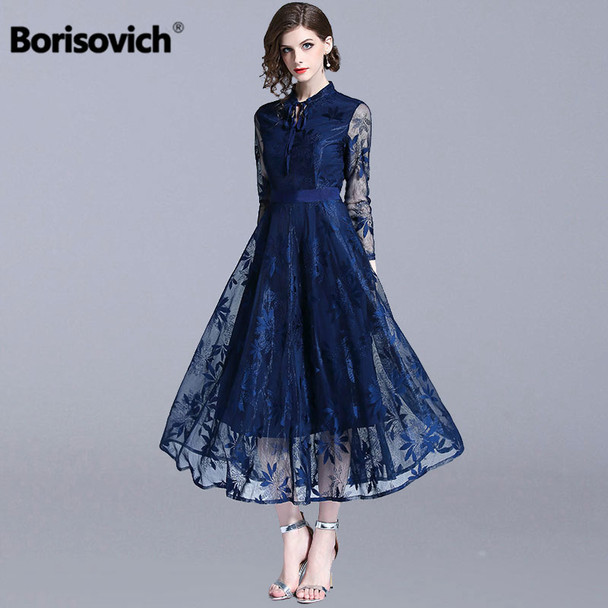 Borisovich Luxury Lace Evening Party Dress New Brand 2018 Autumn Fashion England Style Big Swing A-line Women Long Dresses N085
