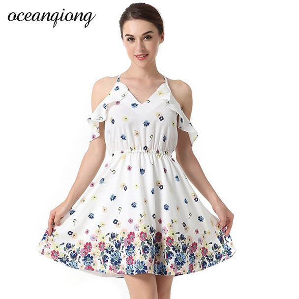 Floral Summer Dress Women V Neck Off The Shoulder Print Sexy Beach Dress Holiday Sweet Mini A Line  Ruffle Casual Dress Female