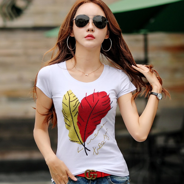 2018 Women Fashion Cotton T-shirt Top Leaf Printed Beading Loose Plus Size Short Sleeve O Neck Harajuku Ladies Casual Shirt Tee