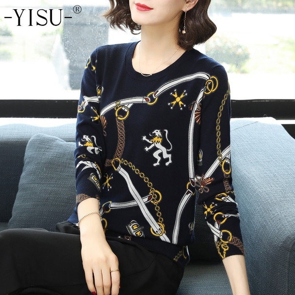YISU Knitted sweaters 2018 Women Warm Sweater Autumn Winter Printed sweater Loose Casual Pullovers O-neck Long sleeve Sweater 
