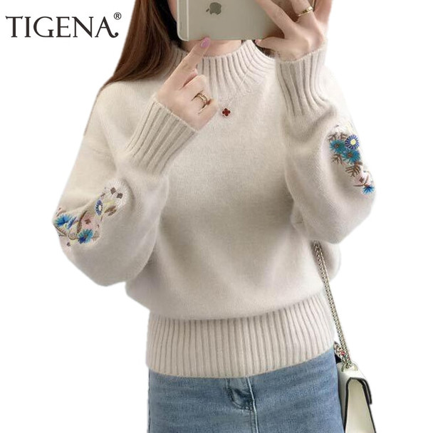 TIGENA 2018 Winter Thick Warm Beautiful Embroidery Turtleneck Sweater Women Long Sleeve Knit Pullover Sweater Female Pull Femme