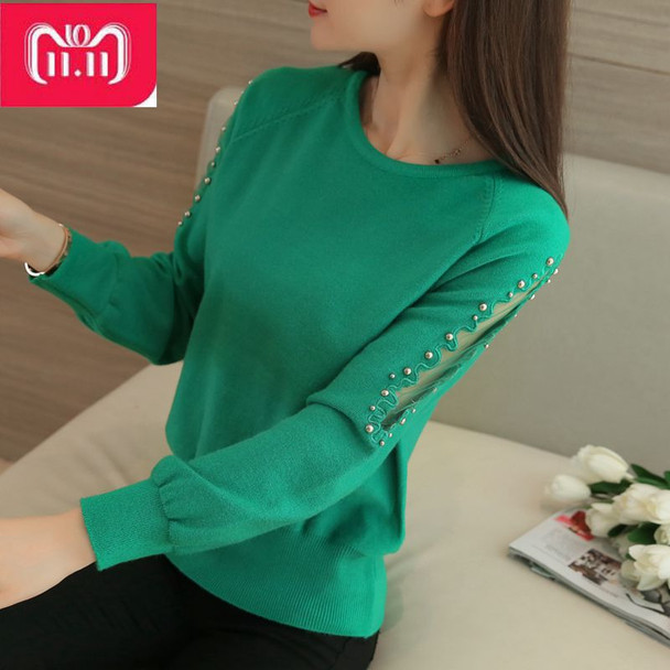 OHCLOTHING 2018 autumn winter sweater hedging all-match loose sweaters female short lace beading shirt solid