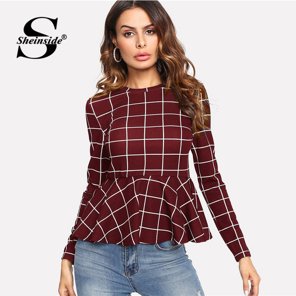 Sheinside Plaid Peplum Ruffle Office Ladies Work Elegant Blouse Grid Long Sleeve Fall Top Women 2018 Elegant Blouse Shirt