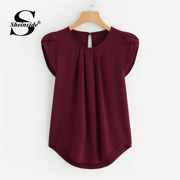 Sheinside Burgundy Asymmetrical Blouse Petal Sleeve Pleated Detail Solid Short Sleeve Shirt 2018 Summer Women OL Work Blouse