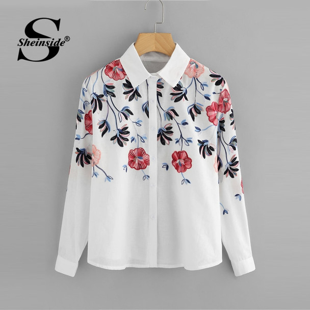 Sheinside White Embroidery Long Sleeve Shirts Floral Button Top 2018 Spring Women Office Work Wear Elegant Blouse