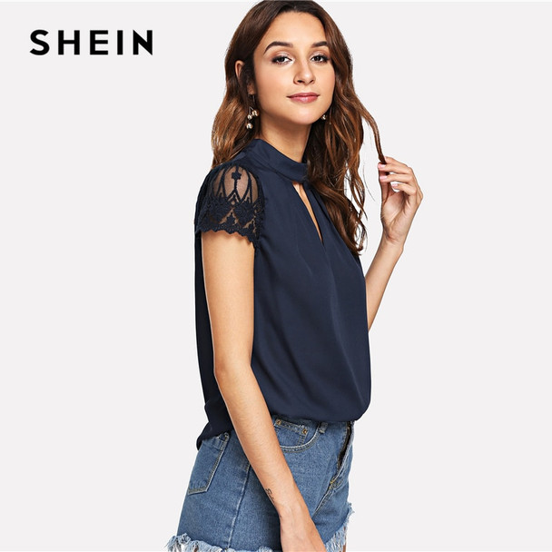 SHEIN Navy Elegant Workwear V Cut Neck Contrast Lace Sleeve Stand Collar Pleated Blouse Summer Women Weekend Casual Shirt Top SHEIN Navy Elegant Workwear V Cut Neck Contrast Lace Sleeve Stand Collar Pleated Blouse Summer Women Weekend Casual Shirt Top