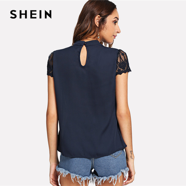 SHEIN Navy Elegant Workwear V Cut Neck Contrast Lace Sleeve Stand Collar Pleated Blouse Summer Women Weekend Casual Shirt Top SHEIN Navy Elegant Workwear V Cut Neck Contrast Lace Sleeve Stand Collar Pleated Blouse Summer Women Weekend Casual Shirt Top