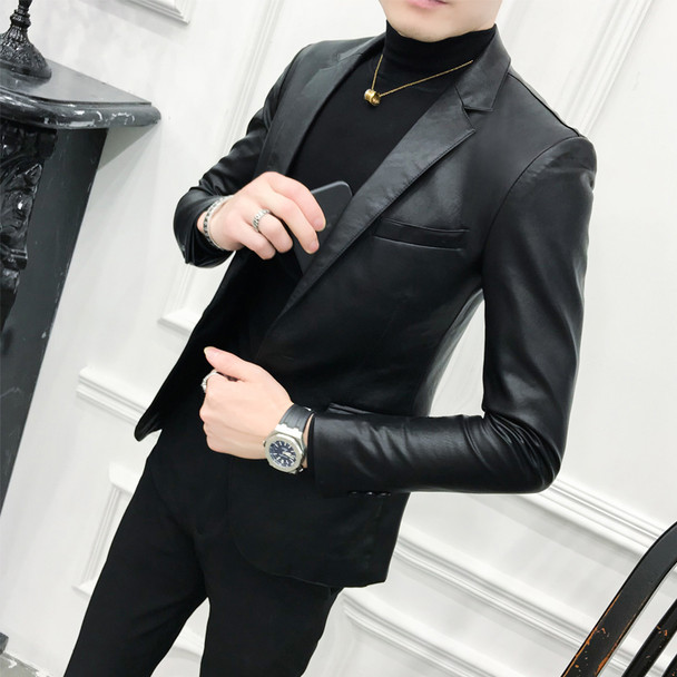 Solid Black Slim Fit Blazer Hombre PU Leather Jacket Men One Button Business Casual Prom Blazers For Men Korean Suit Coat   Solid Black Slim Fit Blazer Hombre PU Leather Jacket Men One Button Business Casual Prom Blazers For Men Korean Suit Coat