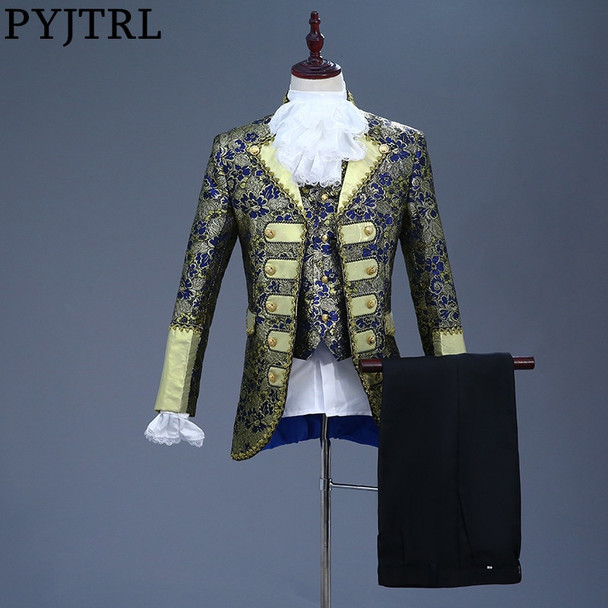PYJTRL Male Classic Five-piece Set Europe Gothic Style Palace Suits Navy Blue Purple Suit Men Stage Singer Party Prom Costume
