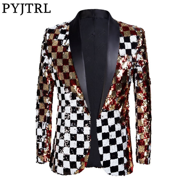 PYJTRL Brand New Men Double-sided Colorful Plaid Red Gold White Black Sequins Blazer Design DJ Singer Suit Jacket Fashion Outfit