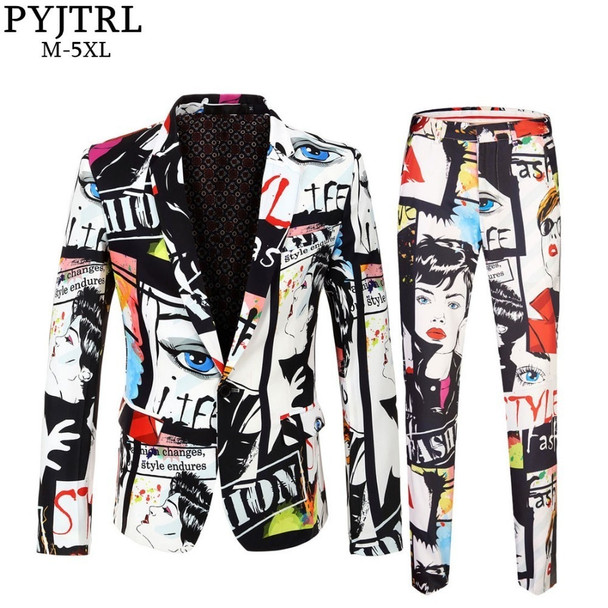 PYJTRL Brand Tide Mens Fashion Print 2 Pieces Set Casual Suits Plus Size Hip Hot Male Slim Fit Suit Men Singer Wedding Costume