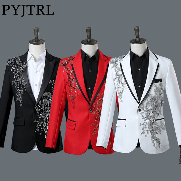 PYJTRL Male Double-side 3D Crystal Embroidery Flowers Stage Singer Nightclub Suit Jacket Tide Bar Mens Wedding Blazer Masculino