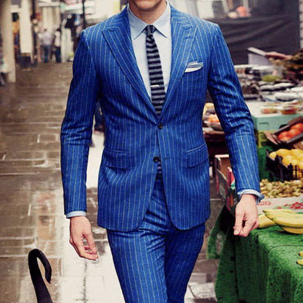 Mens Chalk Stripe Suit Custom Made Royal Blue  Mens Striped Suit,Tailored Single Breasted Chalk Striped Men Suit Peak Lapel