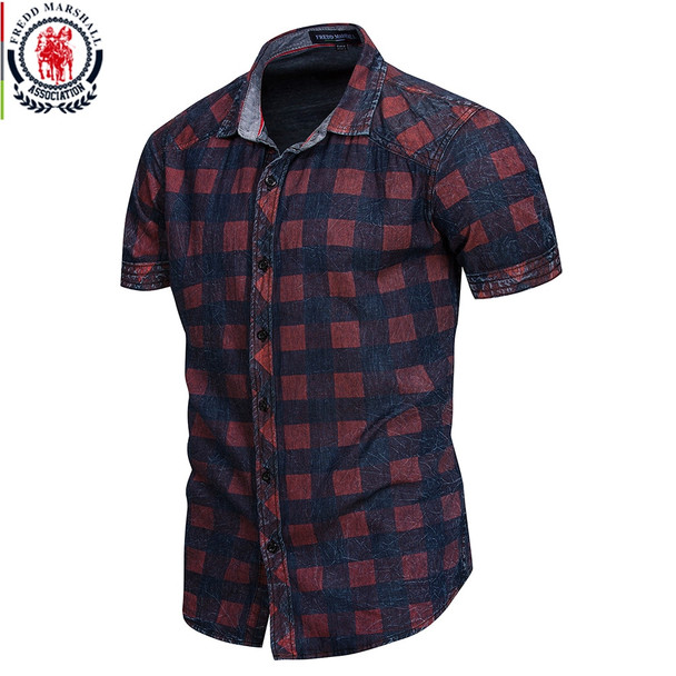 FREDD MARSHALL 2018 New Summer Short Sleeve Denim Shirt Men Casual Business Plaid Shirts Male Brand Clothes 100% Cotton 55891