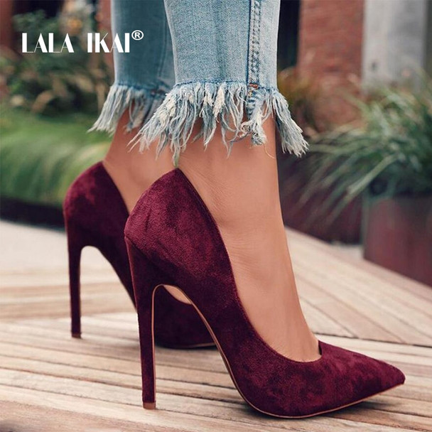 LALA IKAI Pumps Women Shoes Red Flock Slip-On Shallow Wedding Party Pointed Toe High Heels Pump Chaussures Femme 900C1722 -4