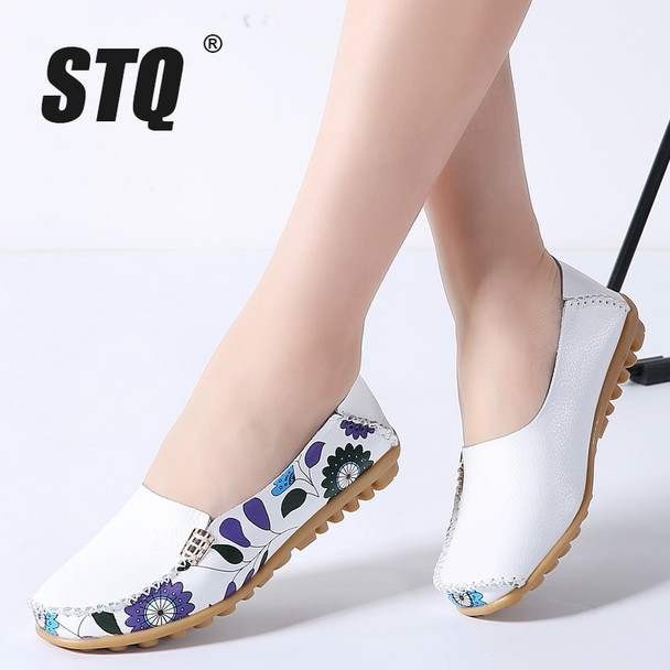 STQ 2018 Autumn women flats genuine leather shoes slip on ballet flats women flats print woman shoes moccasins loafers shoes 170