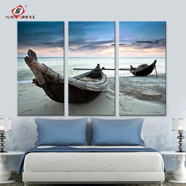 Dropshipping Oil Painting Wall Art Canvas Prints Beach Landscape Boat Modern Wall Pictures For Living Room Home Decoration 3pcs