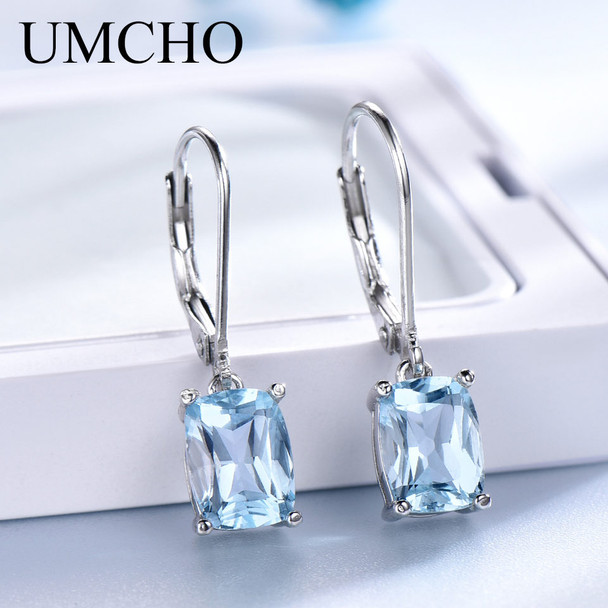 UMCHO Genuine 925 Sterling Silver Sky Blue Topaz Drop Earrings Elegant Gemstone Wedding Engagement Jewelry For Women Gifts